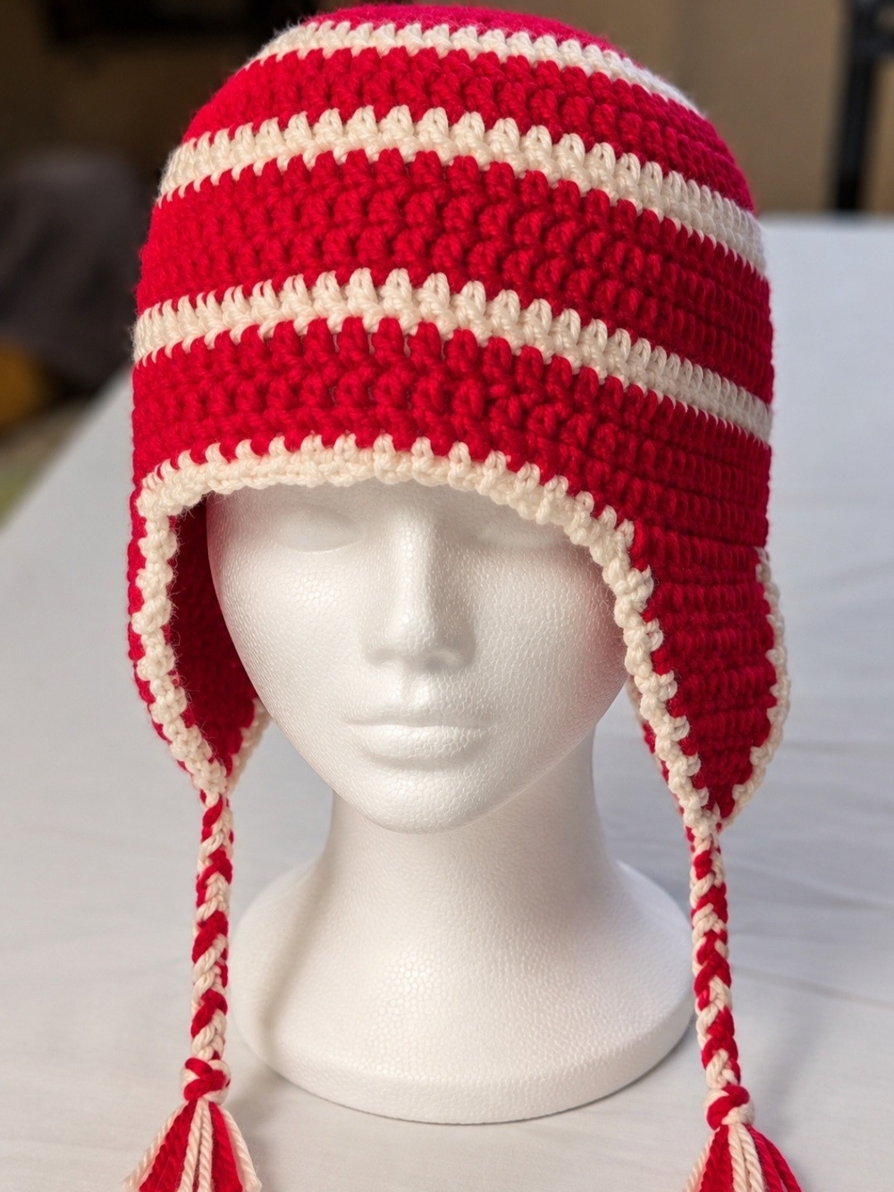Handmade Crochet Red White Earflap Winter Hat